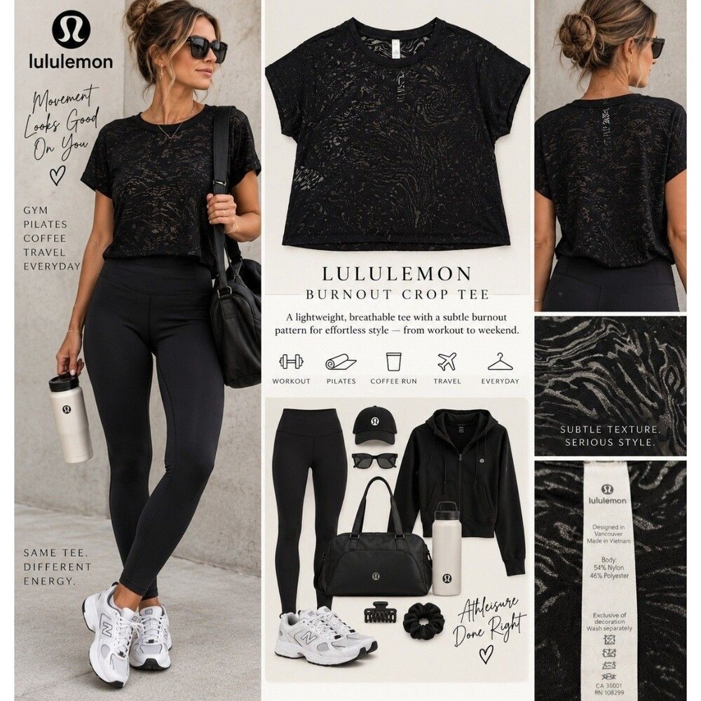 lululemon Athletica Black Abstract Zebra animal print Burnout Crop Tee
